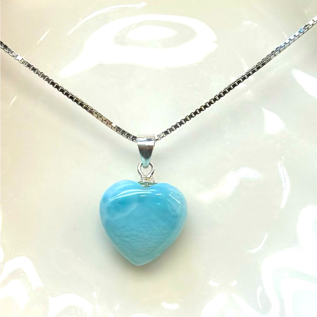 Nl2 Natural Organic Dominican Larimar Heart Pendant Solid Sterlingsilver S925